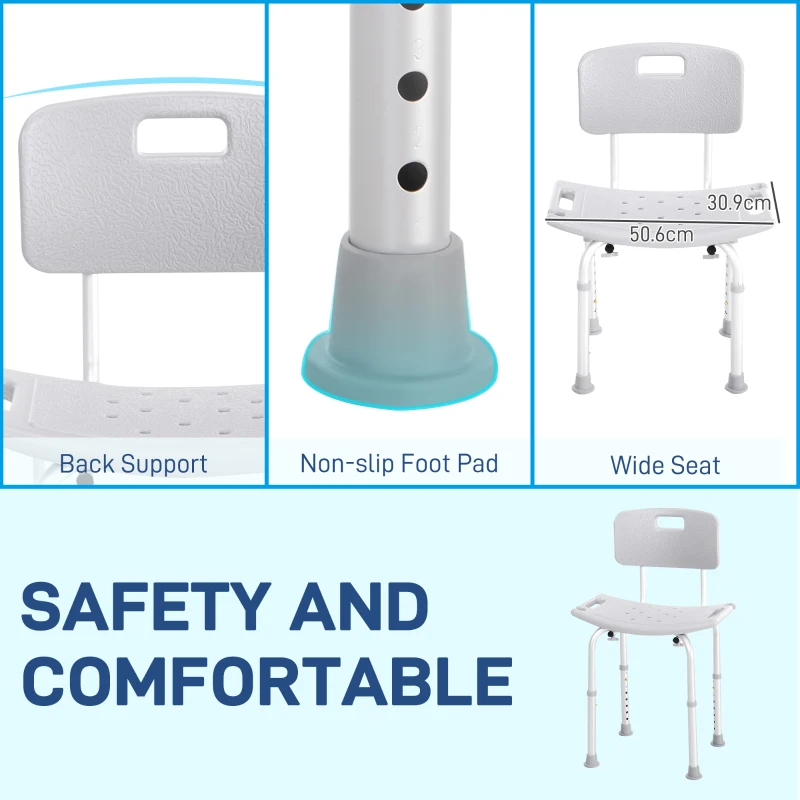 HOMCOM Sedia da Doccia per Bagno in Alluminio e Plastica Altezza Regolabile 8 Livelli 71-88cm Piedini Antiscivolo