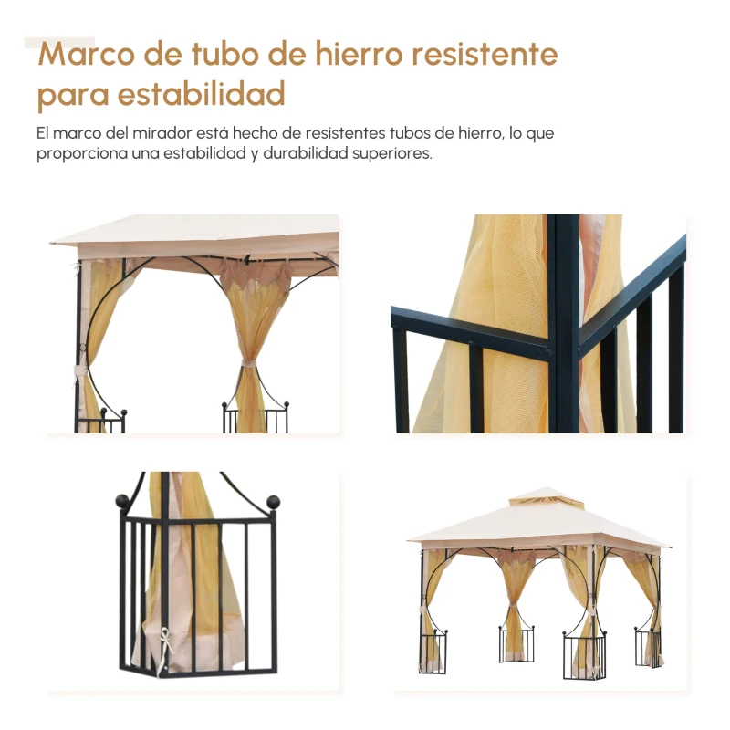 Outsunny Cenador de Jardín 3x3 m Gazebo con 4 Cortinas Laterales de Cremallera y Doble Techo con 8 Orificios de Drenaje Estilo Moderno para Patio Aire Libre Beige