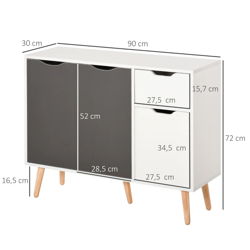 HOMCOM Aparador para Salón con 3 Puertas y Cajón Mueble Auxiliar para Salón Cocina Dormitorio 90x30x72 cm Blanco y Gris