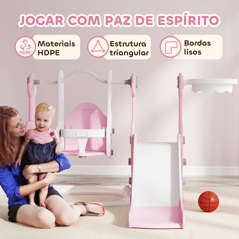 AIYAPLAY Escorrega Infantil 4 em 1 Parque Infantil com Baloiço e Escorrega Escalador Cesto de Basquetebol 147,5x160x107 cm Rosa