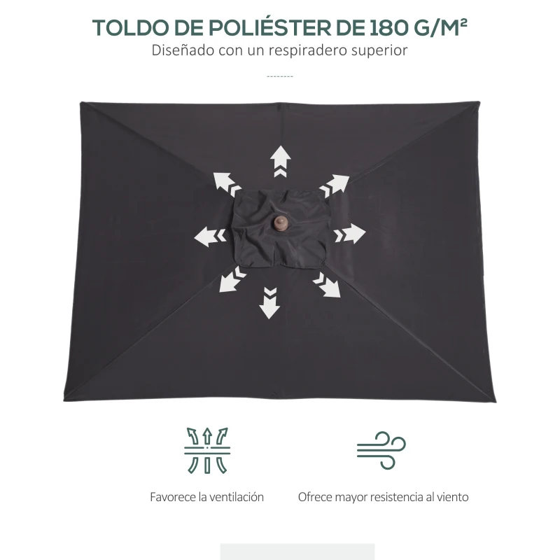 Outsunny Sombrilla de Jardín Rectangular 200x150x235 cm Inclinable con Anti-UV y Poste de Madera para Terraza Patio Gris Oscuro