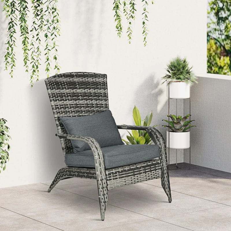 Outsunny Sedia da Giardino Adironrack con Braccioli, in Rattan e Acciaio, 64x80x90 cm, Grigio