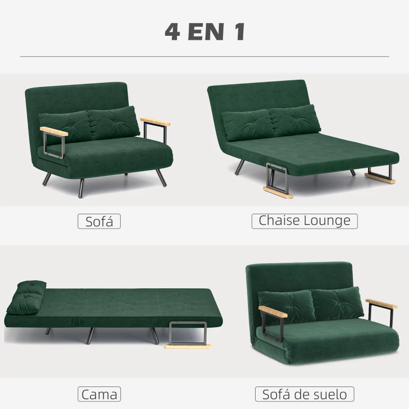 HOMCOM Sofá Cama Convertible 4 en 1 Sillón Cama 2 Plazas Plegable Respaldo Ajustable de 5 Niveles Almohadas 102x73x81cm Verde