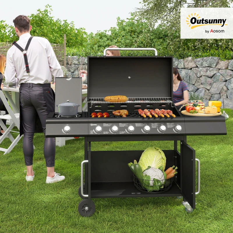 Outsunny Mobiele Gasbarbecue met Opbergruimte, Zijtafel, Zijbrander, Warmhoudrek, Thermometer, Roestvrijstaal, Zwart