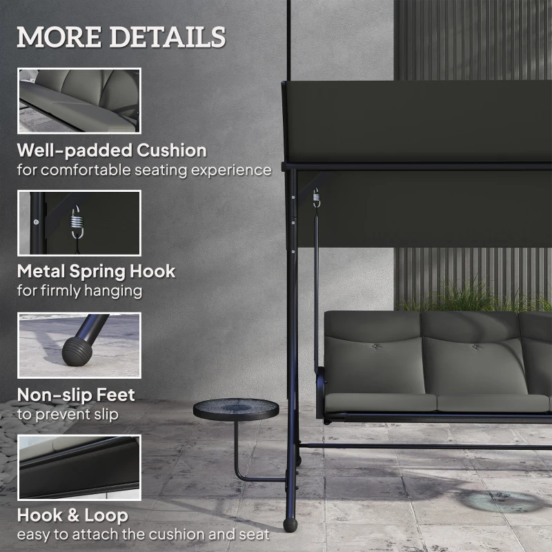 Outsunny Three-Seater Garden Swing, with Adjustable Canopy - Black/Grey