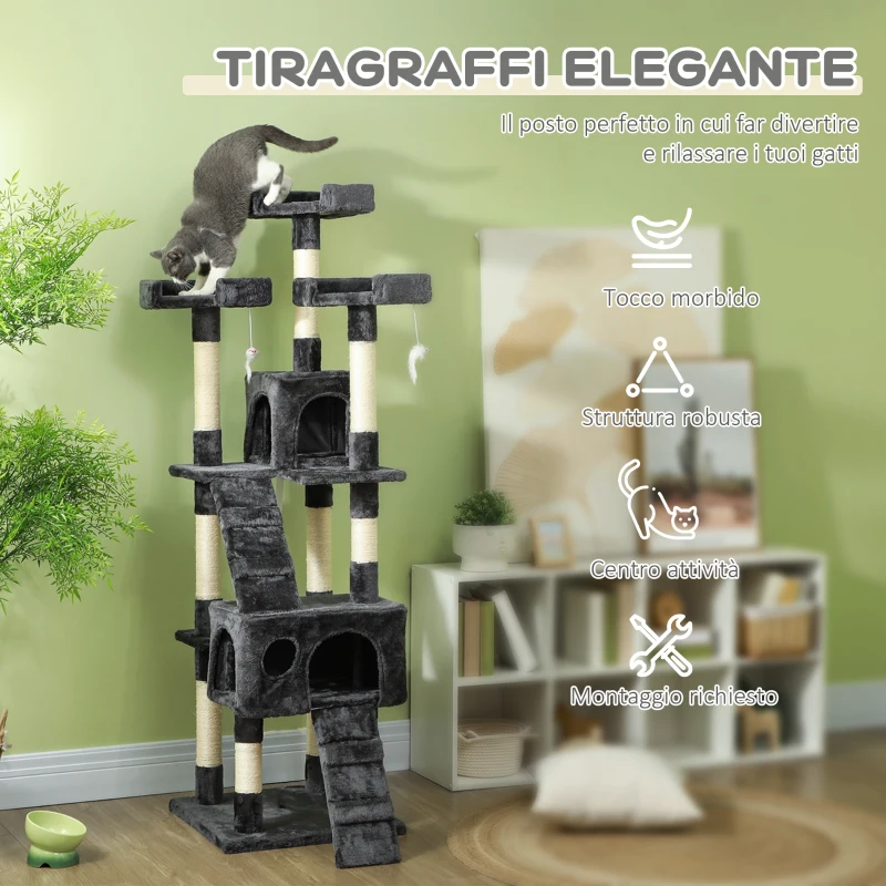 PawHut Albero Tiragraffi per Gatti con 3 Posatoi, 2 Casette e Giochi Appesi, in Legno e Peluche, 49x49x173 cm, Grigio