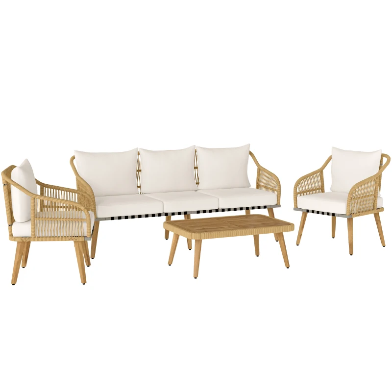Outsunny Conjunto de Muebles de Exterior de 4 Piezas con Sofá Sillones y Mesa de Acacia con Cojines Gruesos y Ratán PE Natural