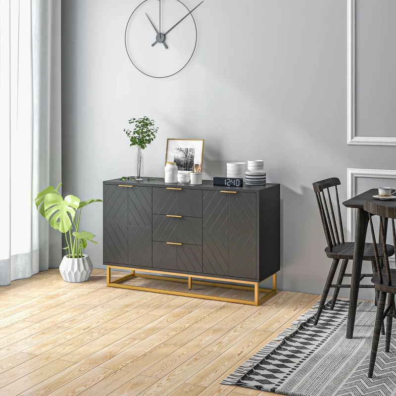 HOMCOM Aparador para Salón con 3 Cajones 2 Puertas y Estante Ajustable Mueble Auxiliar para Salón Antivuelco 120x40x76 cm Negro