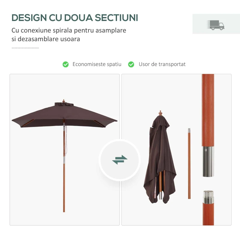 Outsunny Umbrelă de Grădină Înclinabilă cu Sistem cu Șnur și Orificiu de Ventilație, 200x150x235 cm, Cafeniu