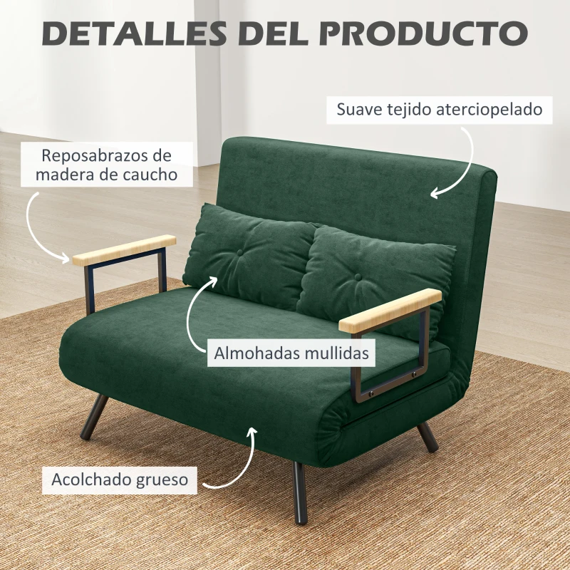 HOMCOM Sofá Cama Convertible 4 en 1 Sillón Cama 2 Plazas Plegable Respaldo Ajustable de 5 Niveles Almohadas 102x73x81cm Verde