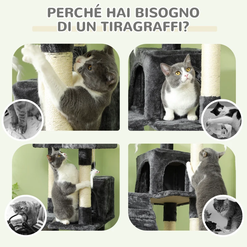 PawHut Albero Tiragraffi per Gatti con 3 Posatoi, 2 Casette e Giochi Appesi, in Legno e Peluche, 49x49x173 cm, Grigio
