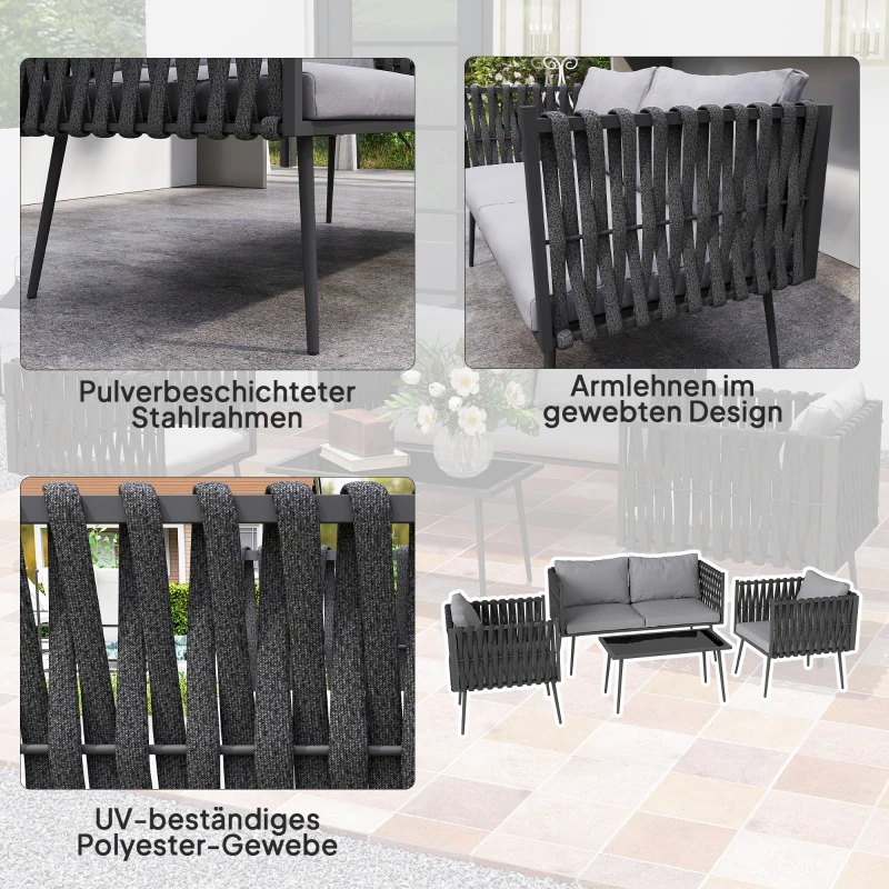 Outsunny Zestaw mebli ogrodowych dla 4 osób, odporny na warunki atmosferyczne, zestaw balkonowy z sofą dwuosobową, fotelami, stolikiem i poduszkami, Jasnoszary