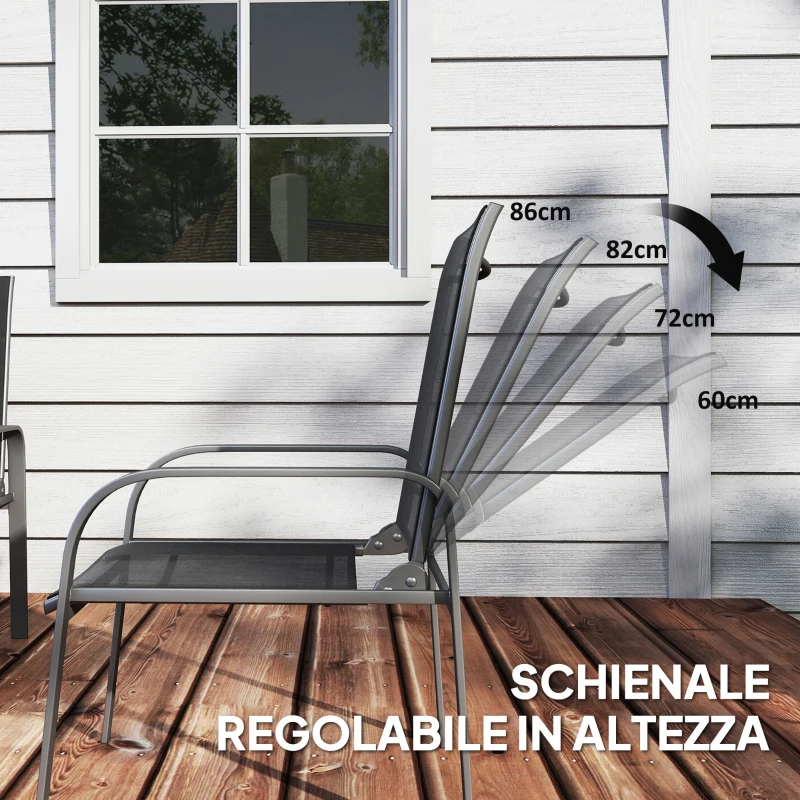 Outsunny Set da Esterno 4pz con Tavolino, 2 Sedie e Divanetto con Schienale Regolabile, in Acciaio e Textilene Nero