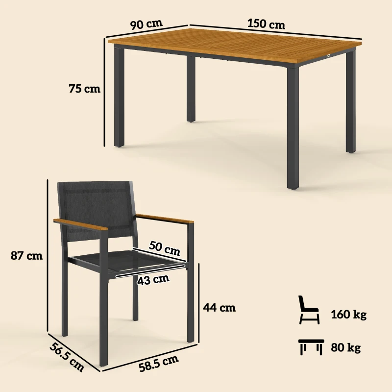 Outsunny Set de Grădină din 7 Piese cu Masă și 6 Scaune Stivuibile cu Brațe, 150x90x75 cm, Lemn Natural