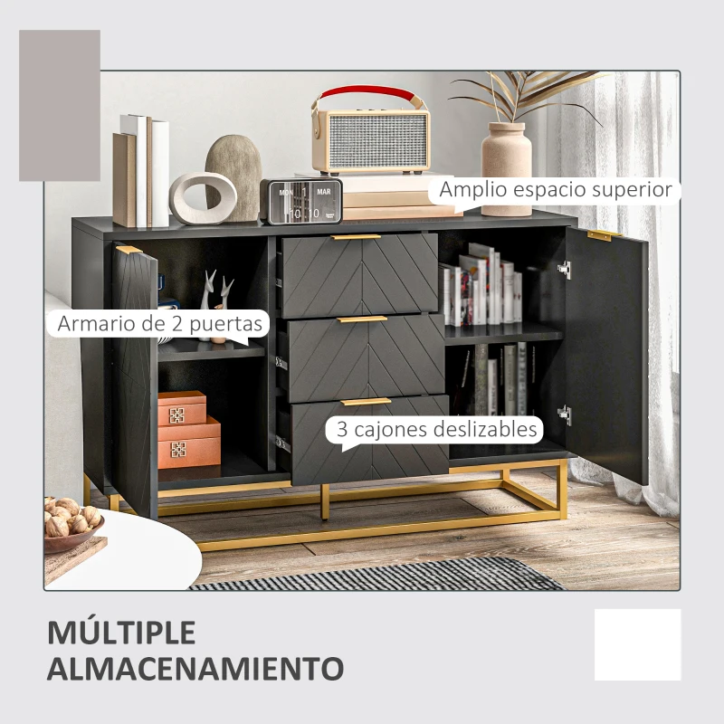 HOMCOM Aparador para Salón con 3 Cajones 2 Puertas y Estante Ajustable Mueble Auxiliar para Salón Antivuelco 120x40x76 cm Negro