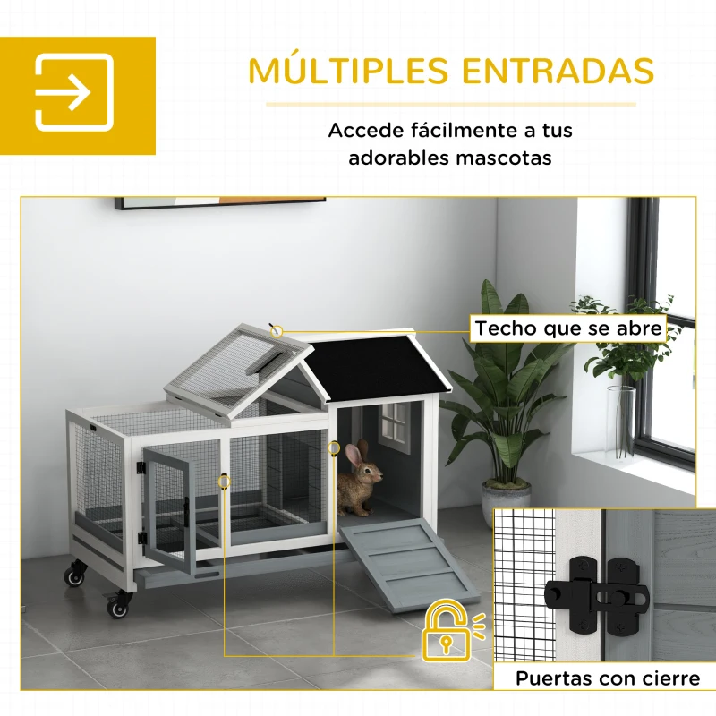 PawHut Jaula para Conejos con Ruedas Techo Abatible y Bandeja Extraíble para Interior y Exterior 108x58x73,5 cm Gris