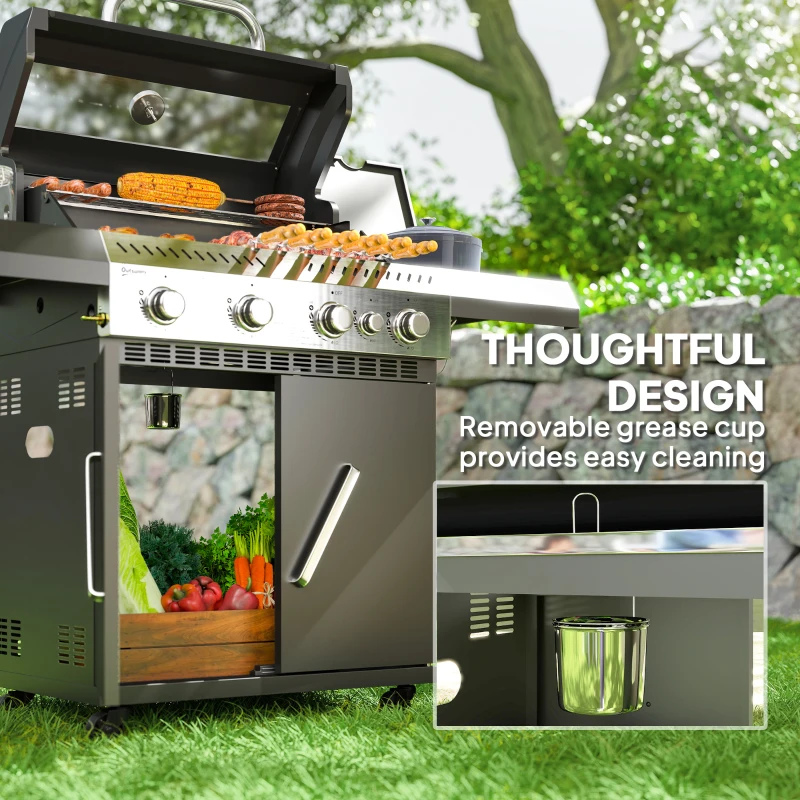 Outsunny Gasgrill 12 KW Grillwagen inkl 5 Brenner Seitenkocher Rolle Deckel Thermometer Seitenablagen 135 x 54 x 110 cm(m-9)