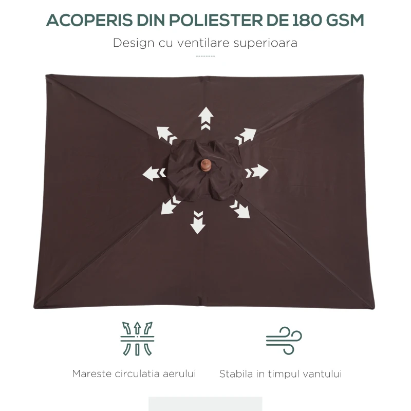 Outsunny Umbrelă de Grădină Înclinabilă cu Sistem cu Șnur și Orificiu de Ventilație, 200x150x235 cm, Cafeniu