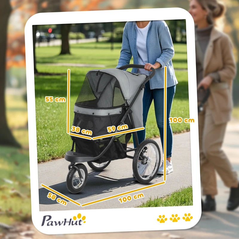 PawHut Hundebuggy, Haustierwagen für kleine Hunde und Katzen, mit Aufbewahrungskorb, Ein-Klick-Faltdesign, Grau(m-3)