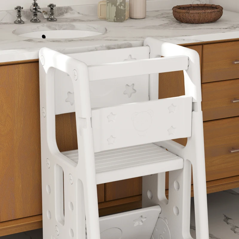 HOMCOM Torre de Aprendizaje para Niños Taburete Infantil con Altura Ajustable en 3 Posiciones y Plataforma Antideslizante para Cocina Comedor Baño 47x47x90 cm Blanco