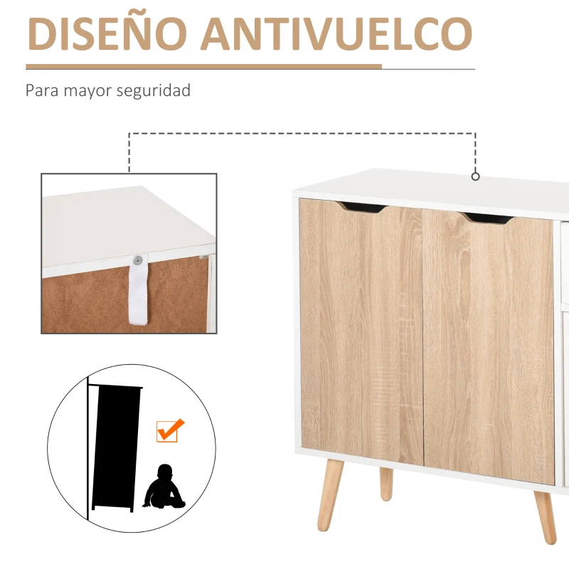 HOMCOM Aparador Moderno Aparador para Salón con 3 Puertas y Cajón Mueble Auxiliar para Salón Cocina Dormitorio 90x30x72 cm Blanco y Natural(m-6)