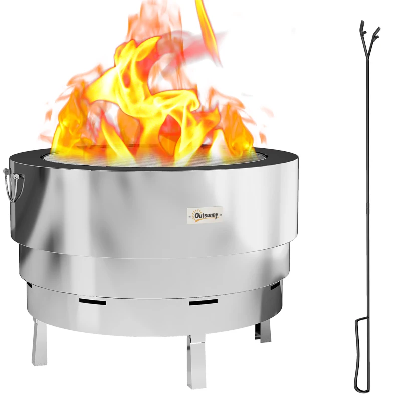 Outsunny Stainless Steel Wood-burning Fire Pit with Fire Poker - Silver