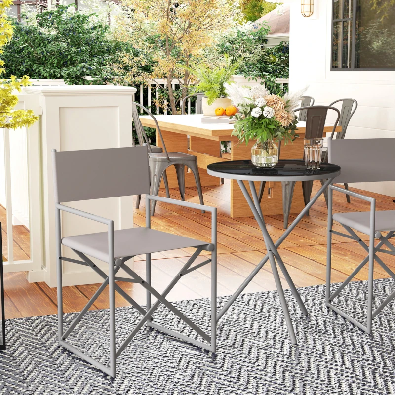 Outsunny Conjunto de Jardín 3 Piezas con Mesa Redonda de Vidrio Templado y 2 Sillas Plegables con Asientos de Malla Transpirable