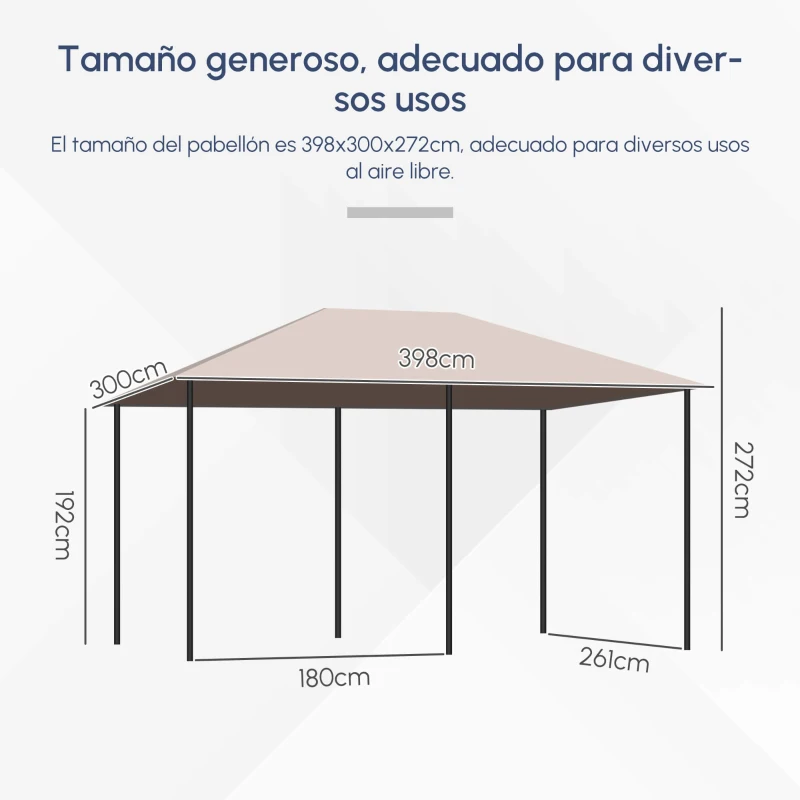 Outsunny Cenador de Jardín 4x3 m con 6 Paredes Laterales 8 Orificios de Drenaje y Marco de Acero para Fiestas Patio Caqui