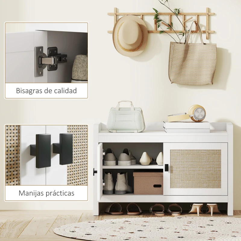 HOMCOM Banco Zapatero con Puertas Frentes de Ratán Balda Extraíble para Entrada o Dormitorio 80x35x52 cm Blanco y Beige