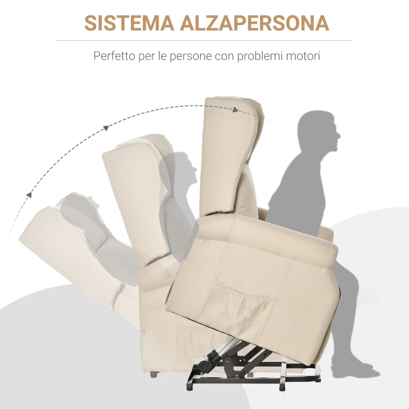 HOMCOM Poltrona Elettrica Alzapersona Reclinabile 135°, Portata 200KG, Poltrona Relax Elettrica in Tessuto Effetto Lino con Telecomando, Poggiapiedi e 1 Tasca Laterale per Soggiorno, Bianco Crema