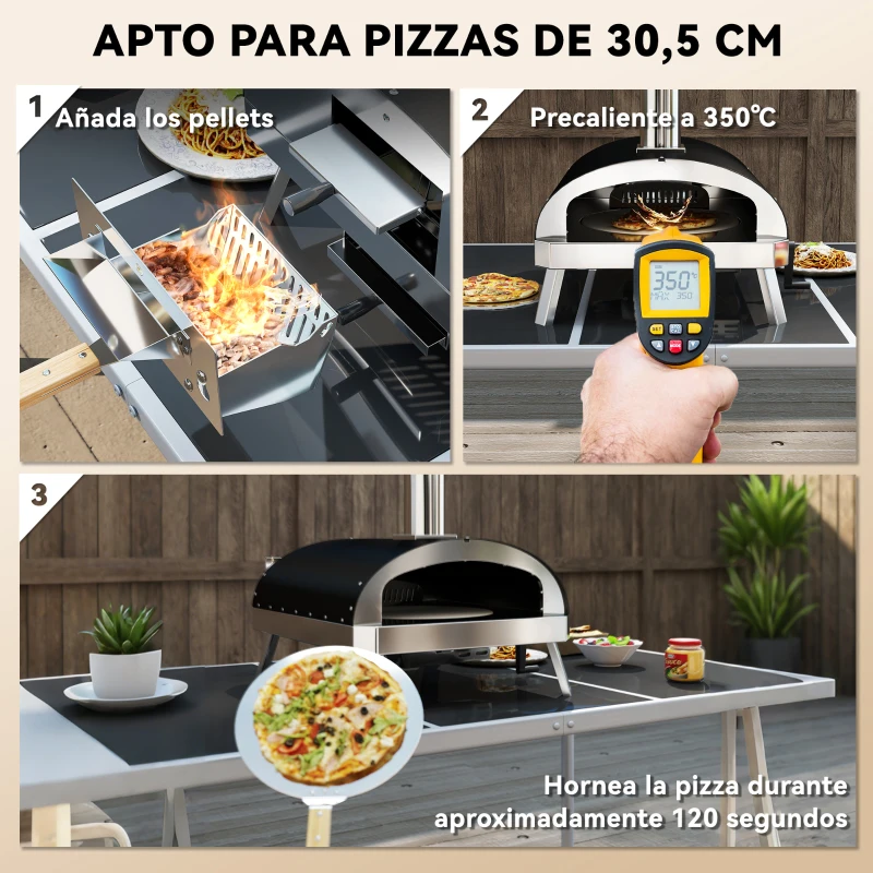 Outsunny Mini Horno de Pizza de Leña con Piedra Refractaria Termómetro y Bandeja Giratoria para Jardín Terraza o Camping