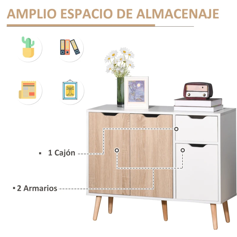 HOMCOM Aparador Moderno Aparador para Salón con 3 Puertas y Cajón Mueble Auxiliar para Salón Cocina Dormitorio 90x30x72 cm Blanco y Natural(m-4)
