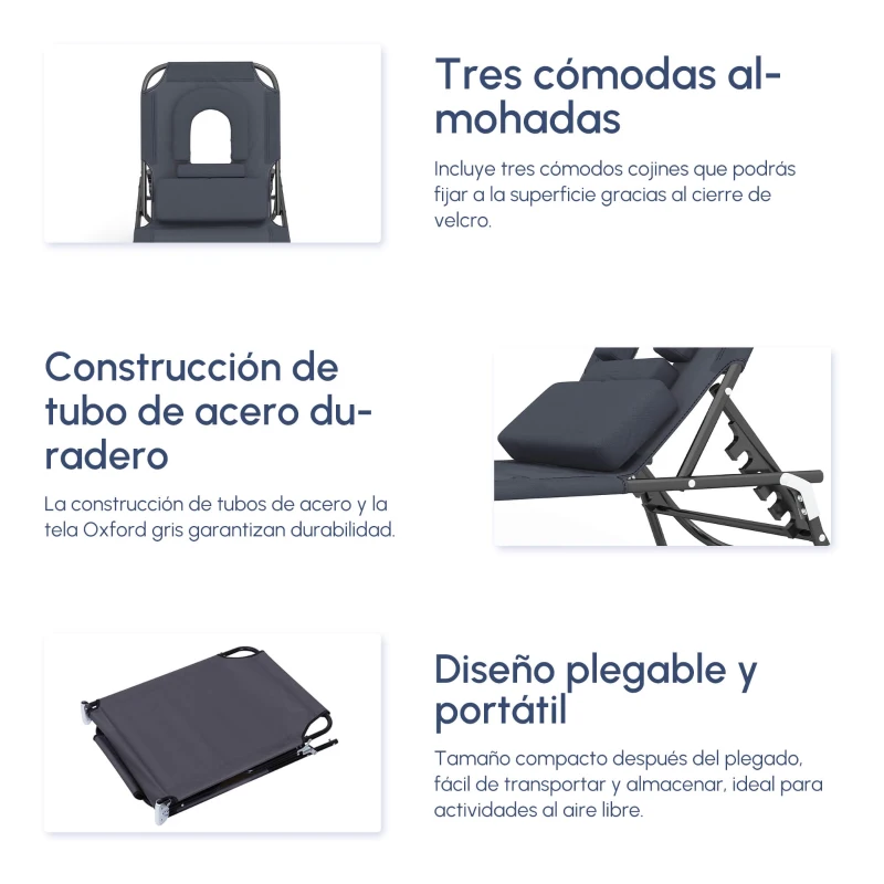 Outsunny Tumbona Plegable con Respaldo Regulable en 4 Posiciones Tumbona de Jardín con Almohada Marco de Acero y Tela Oxford para Camping Playa Terraza Carga 120 kg 190x56x28 cm Gris