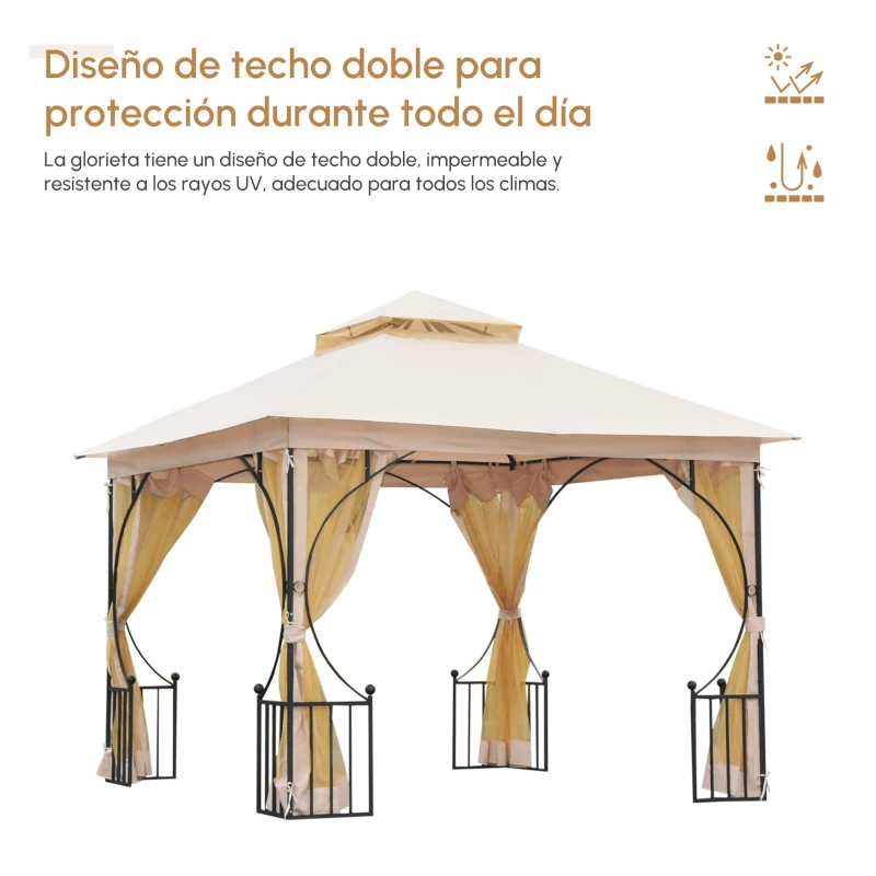 Outsunny Cenador de Jardín 3x3 m Gazebo con 4 Cortinas Laterales de Cremallera y Doble Techo con 8 Orificios de Drenaje Estilo Moderno para Patio Aire Libre Beige