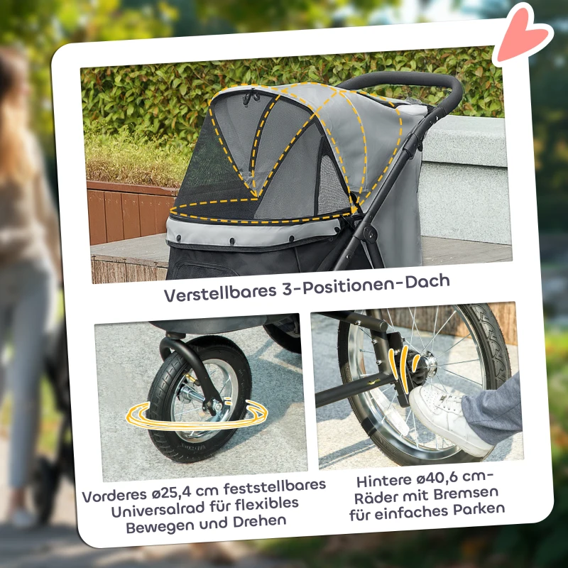 PawHut Hundebuggy, Haustierwagen für kleine Hunde und Katzen, mit Aufbewahrungskorb, Ein-Klick-Faltdesign, Grau(m-6)