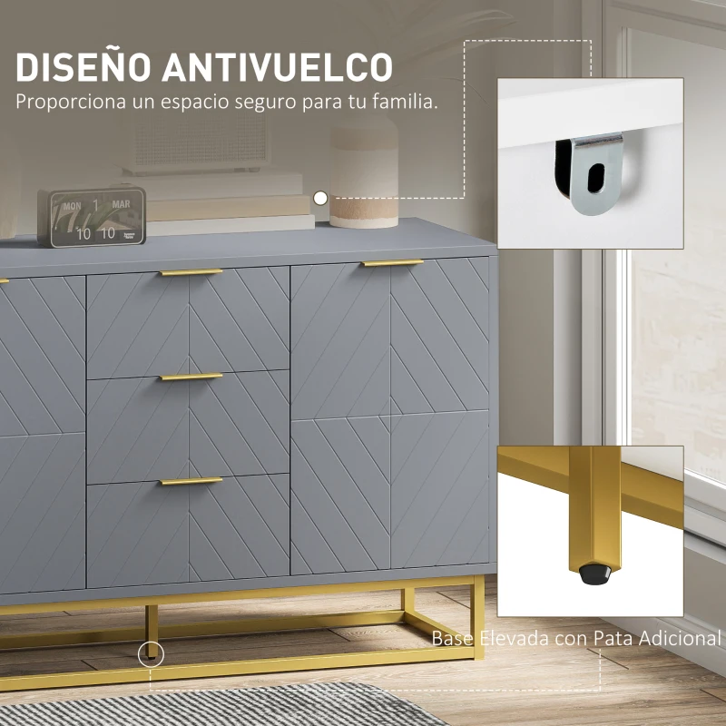 HOMCOM Aparador para Salón con 3 Cajones 2 Puertas y Estante Ajustable Mueble Auxiliar para Salón Antivuelco 120x40x76 cm Gris