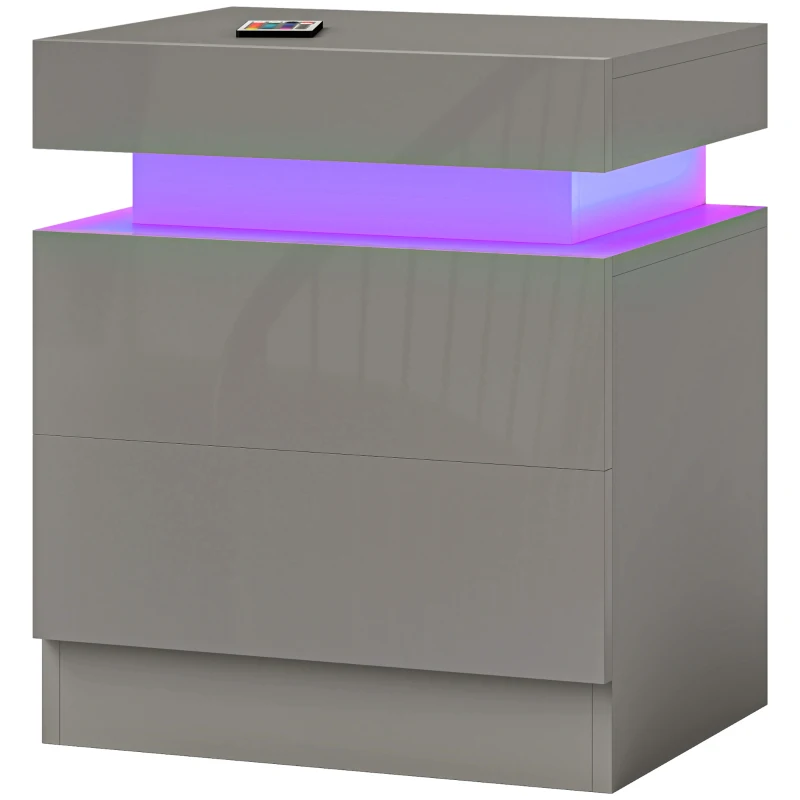 HOMCOM Mesilla de Noche con Luces LED 2 Cajones y Control Remoto Mesa de Noche para Dormitorio Salón 45x35x52 cm Gris