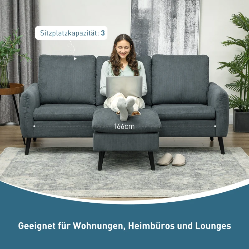 HOMCOM Ecksofa, 3-Sitzer-Sofa mit Fußhocker, Stoffbezug, L-förmiges Couch-Set, Dunkelgrau(m-5)