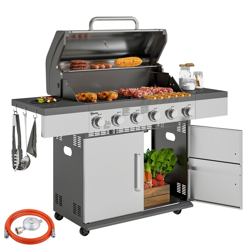 Outsunny Gasgrill 8500BTU Grillwagen inkl 6 Edelstahl-Brenner Thermometer Druckminderer 141 x 55 x 110 cm Silber