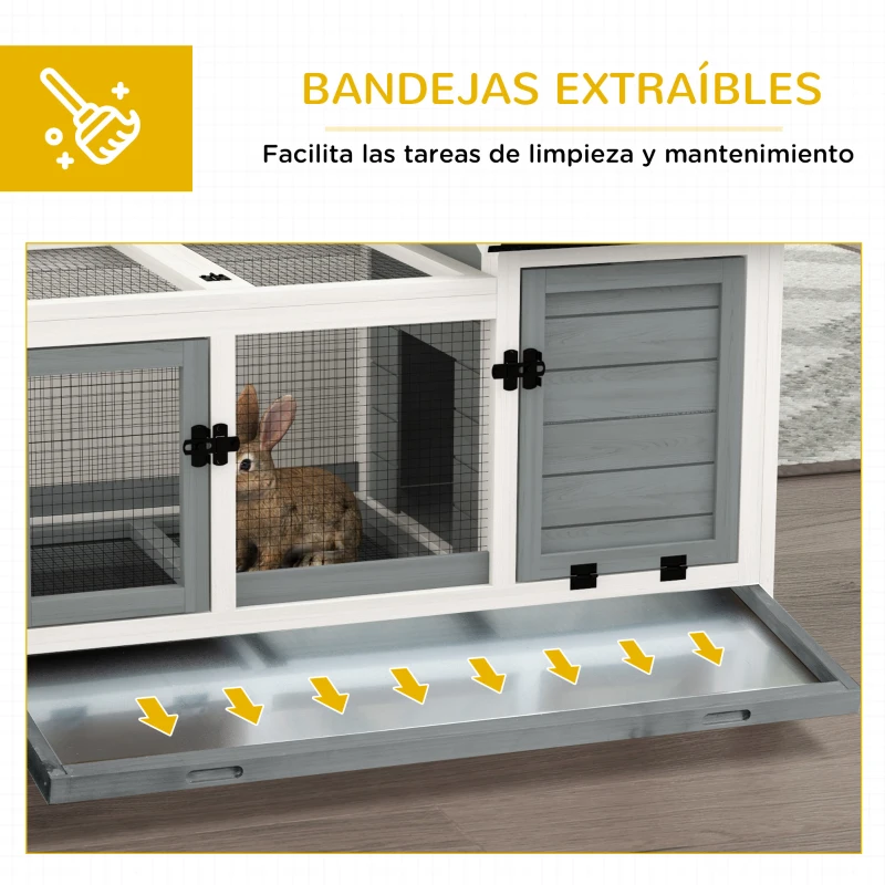 PawHut Jaula para Conejos con Ruedas Techo Abatible y Bandeja Extraíble para Interior y Exterior 108x58x73,5 cm Gris