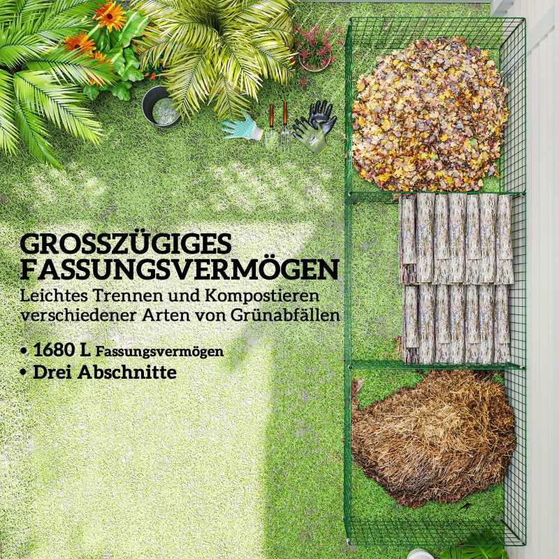 Outsunny Komposter 1680 Liter, 270 x 90 x 70 cm 3-teilig Schnellkomposter aus Stahl, wetterfest Grün(m-5)