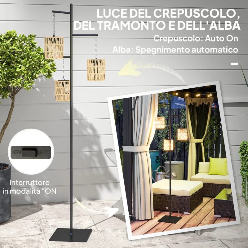 Outsunny Lampada da Esterno Solare in stile Boho con Base Quadrata, in Rattan PE e Acciaio, 45x45x178 cm, Nero e Giallo