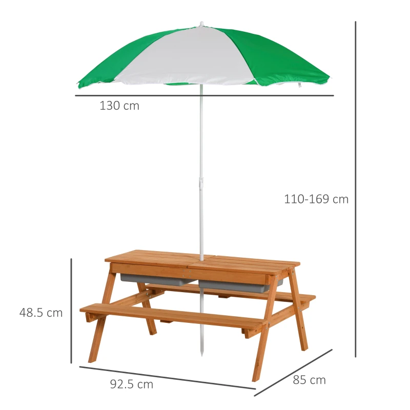 Outsunny Kids Picnic Table with Benches, Wooden Sand and Water Table, Adjustable Parasol, Storage Bins, for Kids 3-6 Years, Brown
