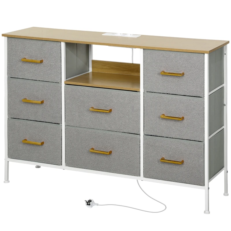 HOMCOM Cómoda com 8 Gavetas Estofada em Borreguito com Estação de Carga Porta USB Tipo-C e Estrutura de Aço 110x30x76 cm Cinzento