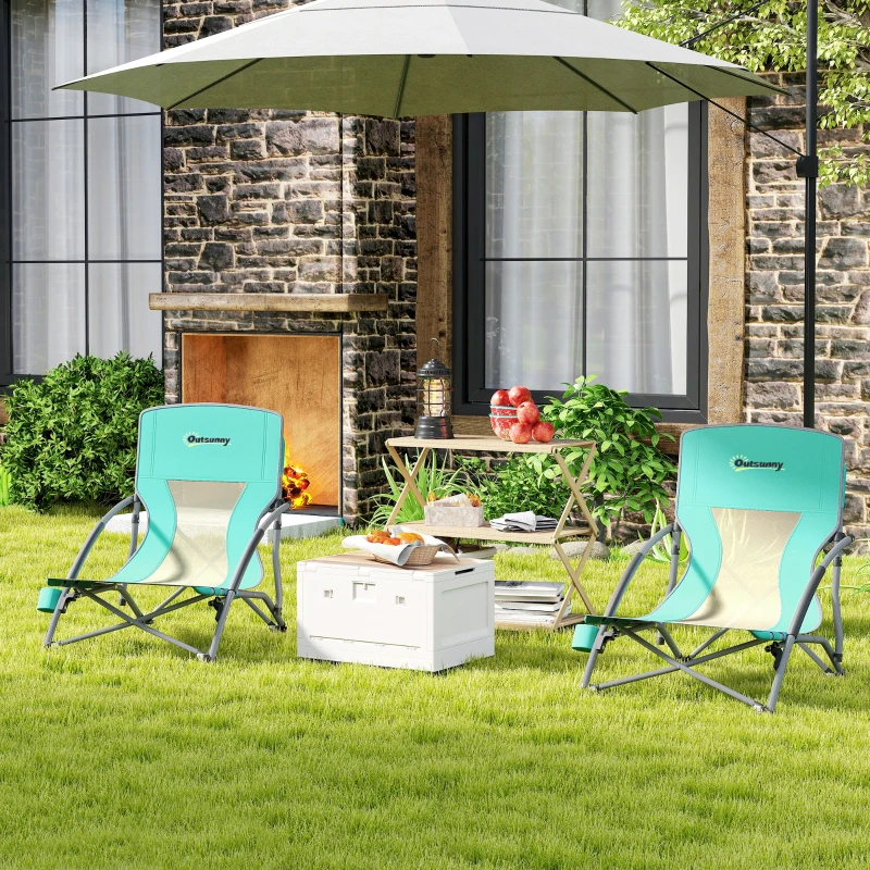 Outsunny Conjunto de 2 Sillas de Playa Plegables y Ligeras con Respaldo de Malla Reposabrazos y Bolsa 58x55x62 cm Azul Oscuro