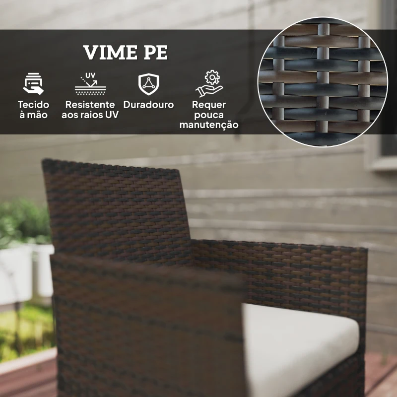 Outsunny Conjunto de Jardim em Vime com Almofadas Móveis de Exterior com 2 Poltronas Sofá de 2 Lugares Mesa com Vidro Marrom e Bege