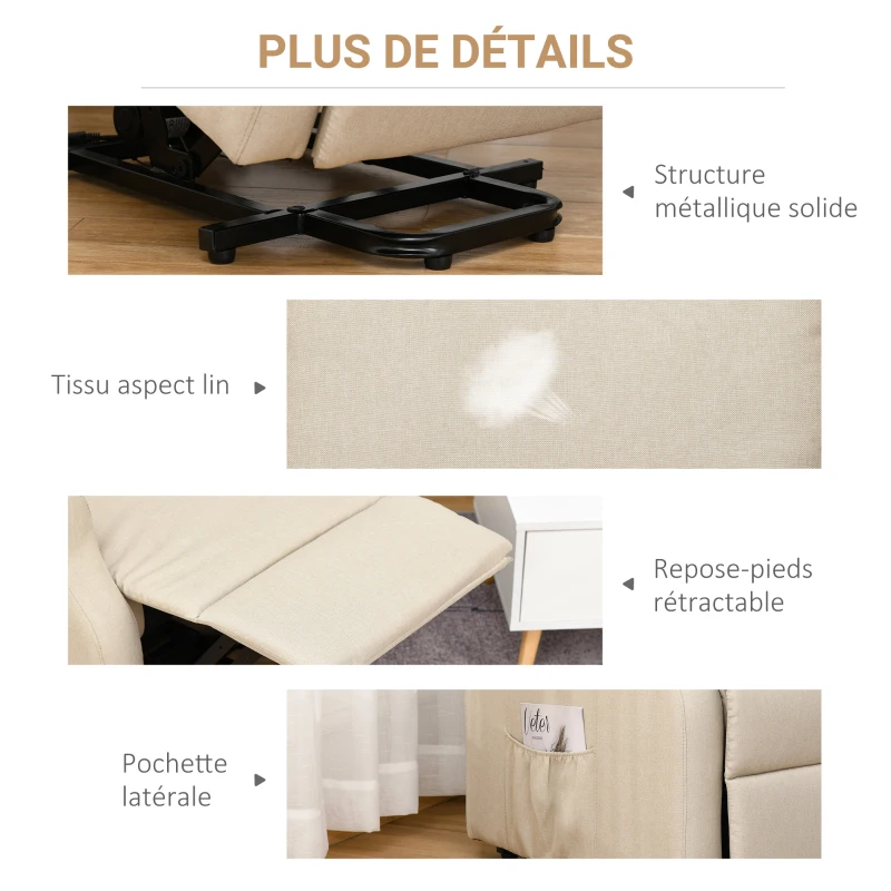 HOMCOM Fauteuil releveur inclinable avec Repose-Pied Fauteuil de Relaxation électrique Ajustable Lin Crème