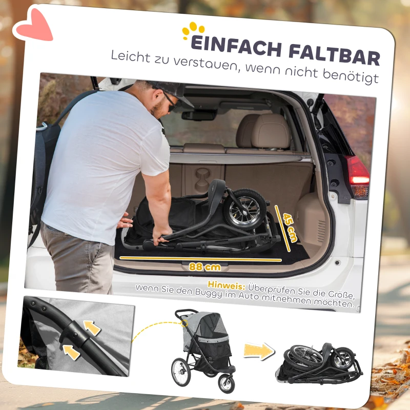 PawHut Hundebuggy, Haustierwagen für kleine Hunde und Katzen, mit Aufbewahrungskorb, Ein-Klick-Faltdesign, Grau(m-7)