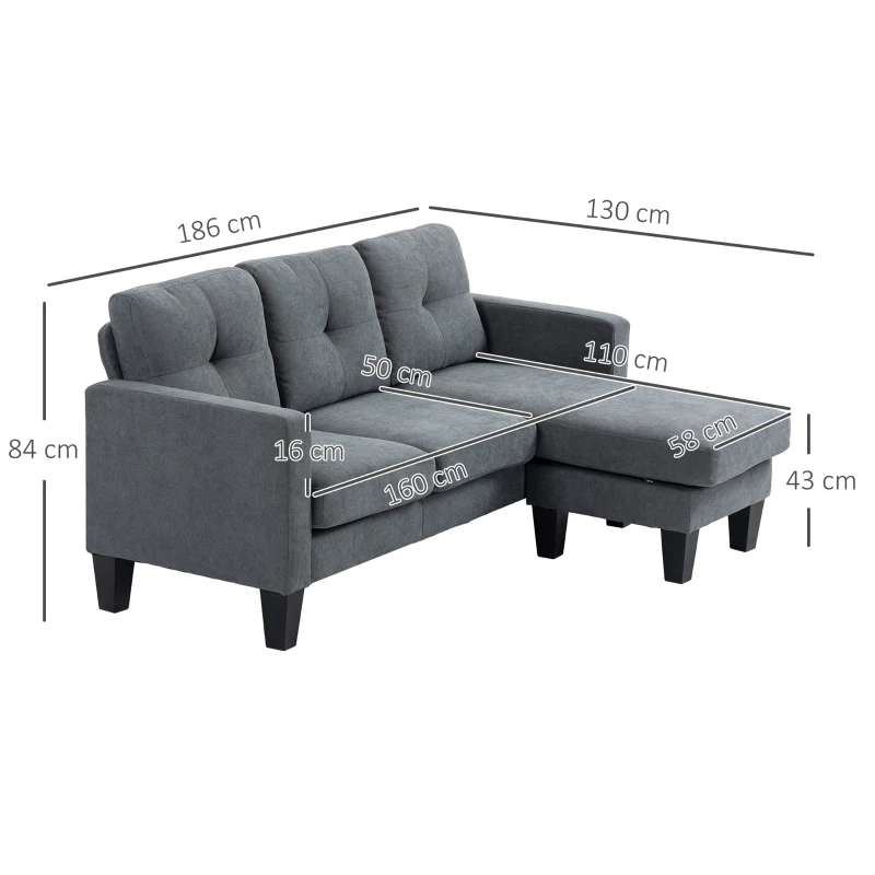HOMCOM Ecksofa in L-Form, beidseitig anbringbare Chaiselongue, Polstersofa, Dunkelgrau(m-3)