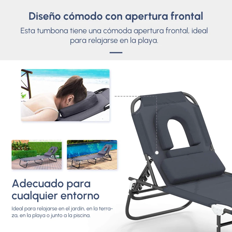 Outsunny Tumbona Plegable con Respaldo Regulable en 4 Posiciones Tumbona de Jardín con Almohada Marco de Acero y Tela Oxford para Camping Playa Terraza Carga 120 kg 190x56x28 cm Gris